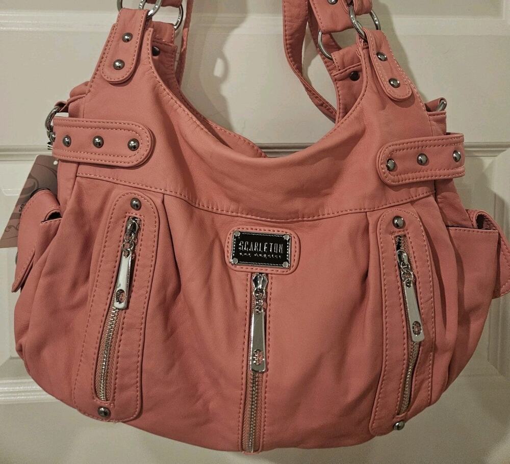 Scarleton Coral Pink Hobo Shoulder Bag Multi Pocket Silver Hardware NWT